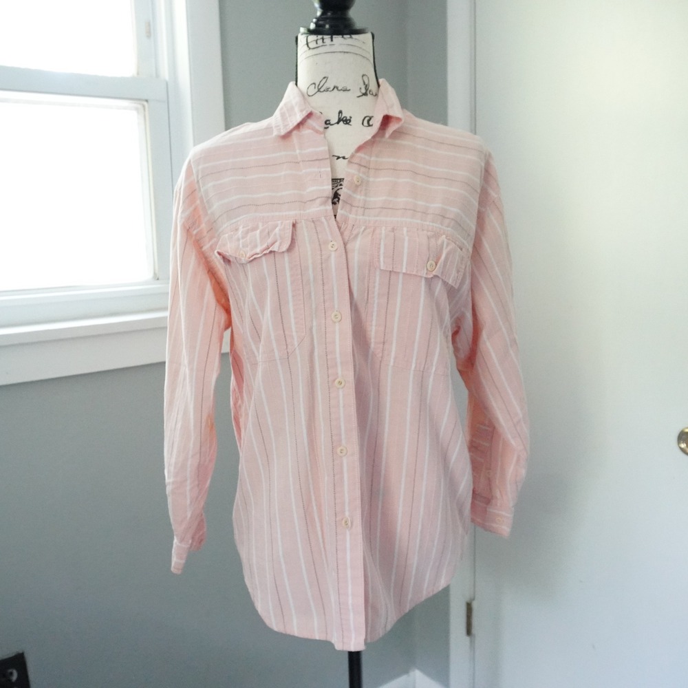 VTG ILUO Women M Shirt Cotton Striped Long Sleeve Button Up Pocket Western Pink‎